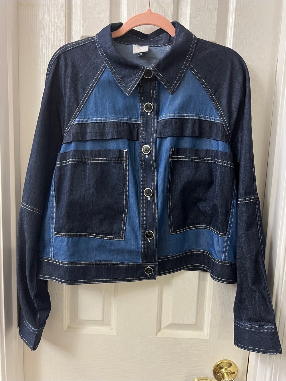 CAbi Two-Tone Blue Patchwork Denim Jacket